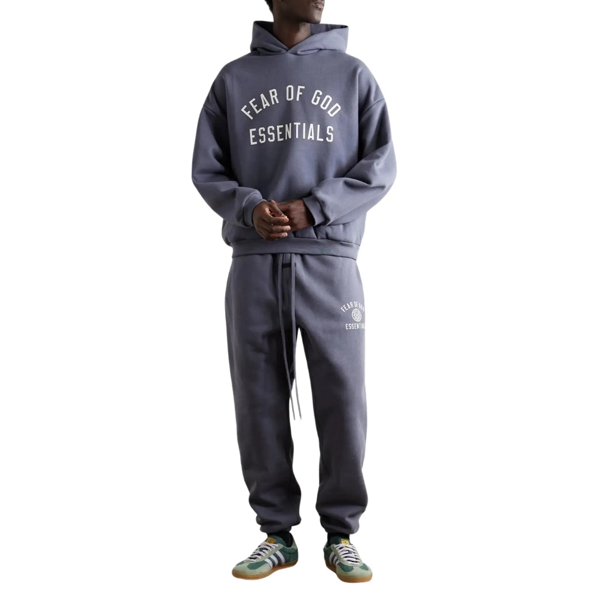 Model Front View of Fear Of God Essentials Fleece Marine Hoodie (FW24) 192HO246254F